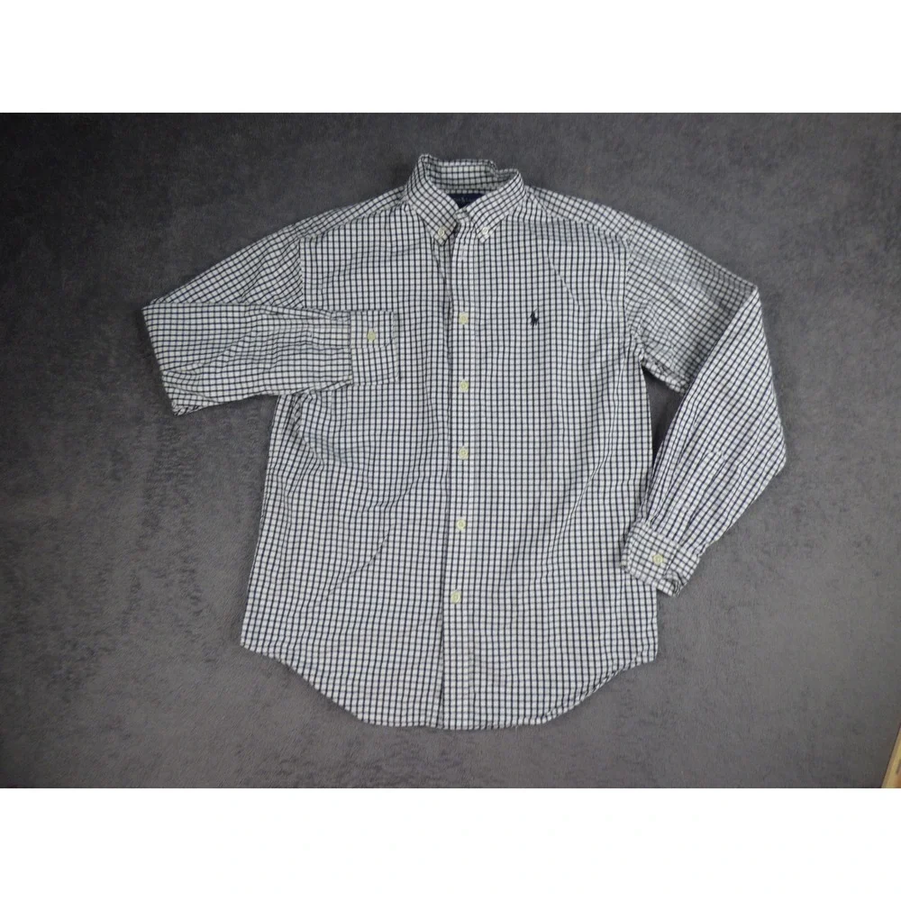 Ralph Lauren Boys Large Gingham Check Button Down Shirt Navy White Cotton L